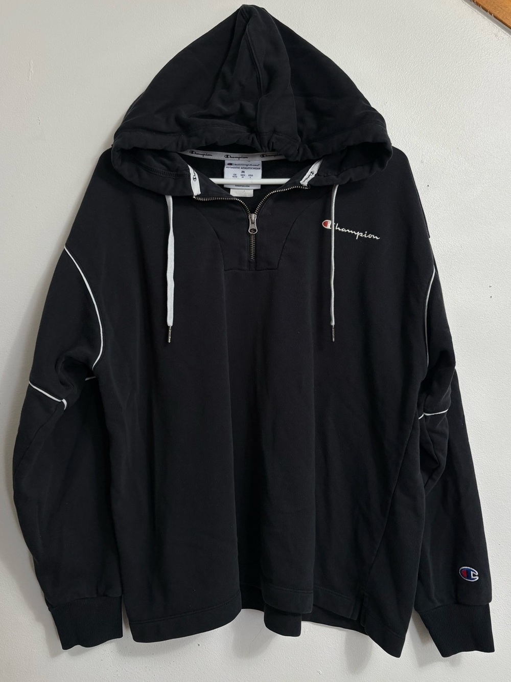 Champion Black Half-Zip Hooded Sweatshirt with White Piping